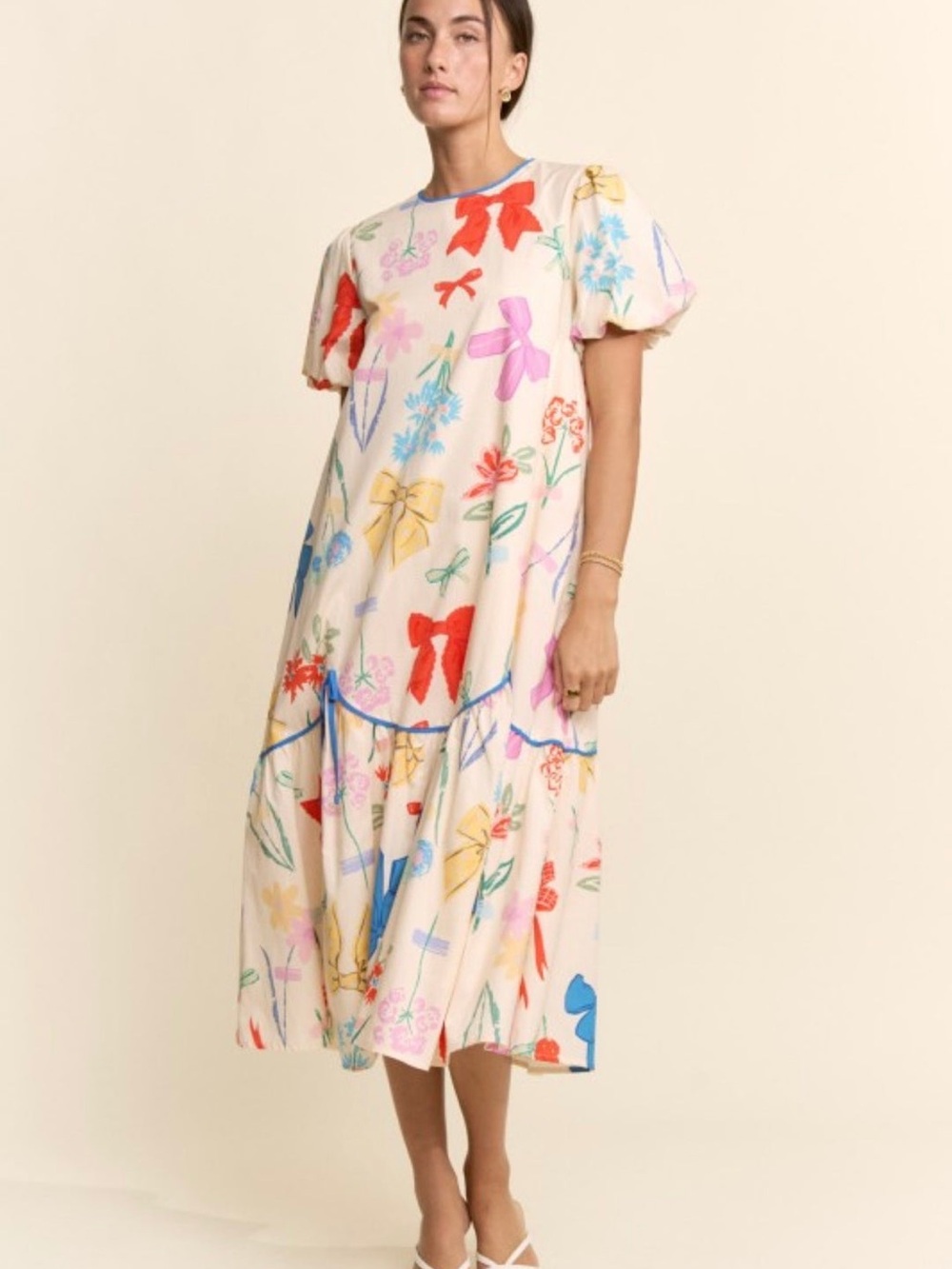 DAVI & DANI Cream Midi Dress with Multicolor Floral and Bow Print NWT